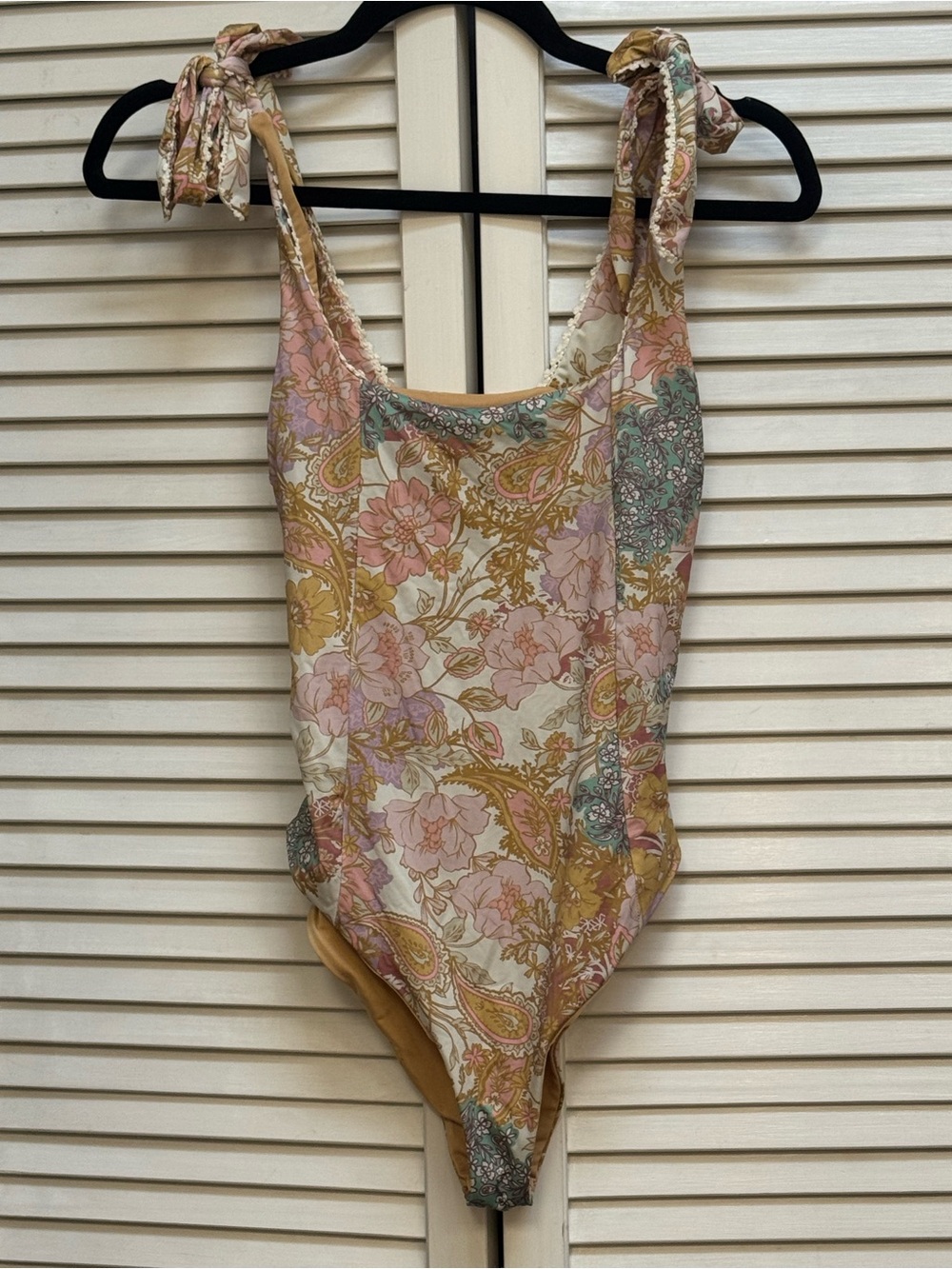 Beach Riot Floral Paisley Tie-Shoulder One-Piece in Pink, Mustard & Cream - Picture 4 of 5